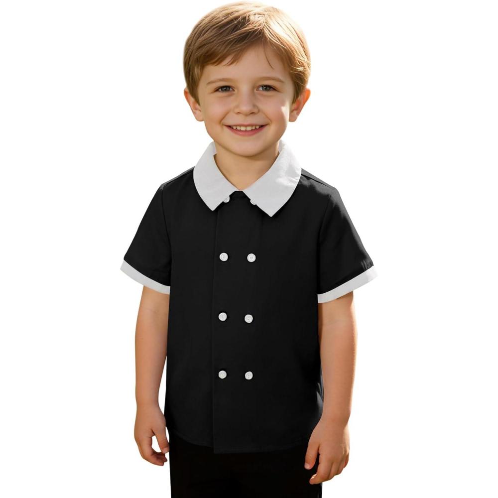 image:imageHaloumoning Toddler Baby Boys Short Sleeve Button Down Shirts Kids Color Block Double Breasted Dress Shirt 9M8YBlack