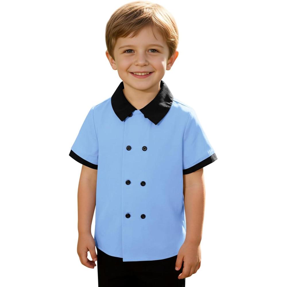 image:imageHaloumoning Toddler Baby Boys Short Sleeve Button Down Shirts Kids Color Block Double Breasted Dress Shirt 9M8YSky Blue