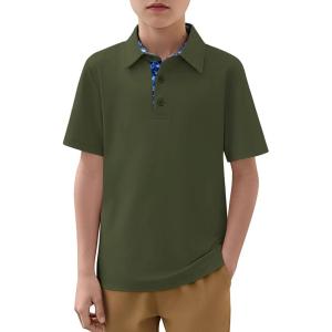 Haloumoning Boys Short Sleeve Polo Shirts Kids Athletic Performance Golf Polo School Uniform Collared Shirt 5-14Y(Army Green)