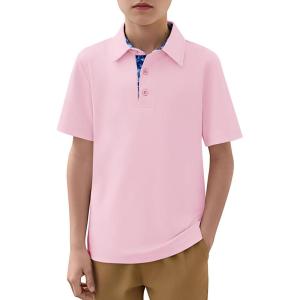 Haloumoning Boys Short Sleeve Polo Shirts Kids Athletic Performance Golf Polo School Uniform Collared Shirt 5-14Y(Pink)