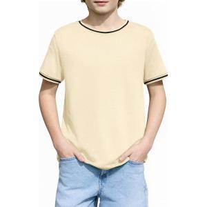 Haloumoning Boys Short Sleeve T-Shirts Kids Casual Summer Crewneck Shirts Fashion Tops Tees 5-14 Years(Beige)