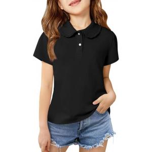 Haloumoning Girls Short Sleeve Polo Shirt Kids Cute Ruffle Peter Pan Collar School Uniform Shirts Tops 5-14 Years(Black)