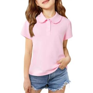 Haloumoning Girls Short Sleeve Polo Shirt Kids Cute Ruffle Peter Pan Collar School Uniform Shirts Tops 5-14 Years(Pink)