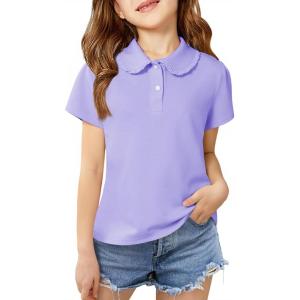 Haloumoning Girls Short Sleeve Polo Shirt Kids Cute Ruffle Peter Pan Collar School Uniform Shirts Tops 5-14 Years(Purple)