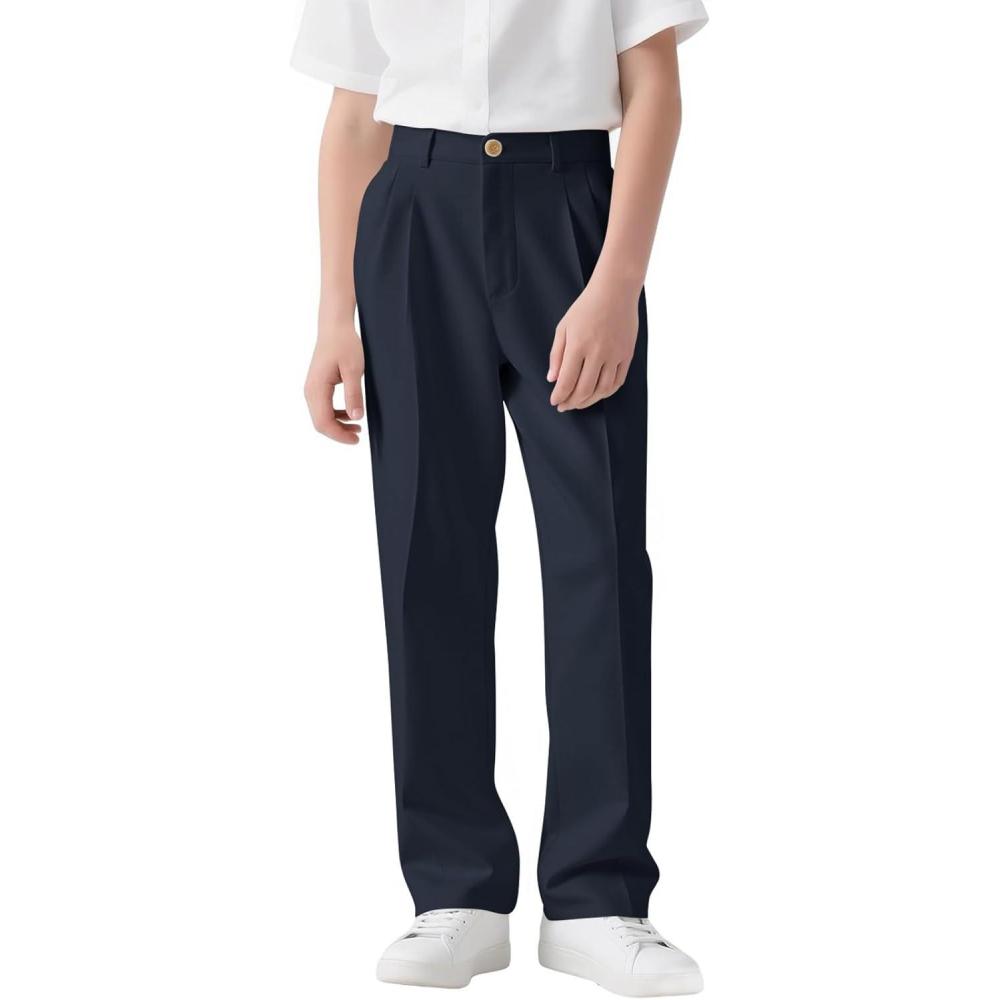 image:imageHaloumoning Boys Dress Pants Kids High Waisted Wide Leg Uniform Pants Casual Trousers with Pockets 514 YearsDark Blue
