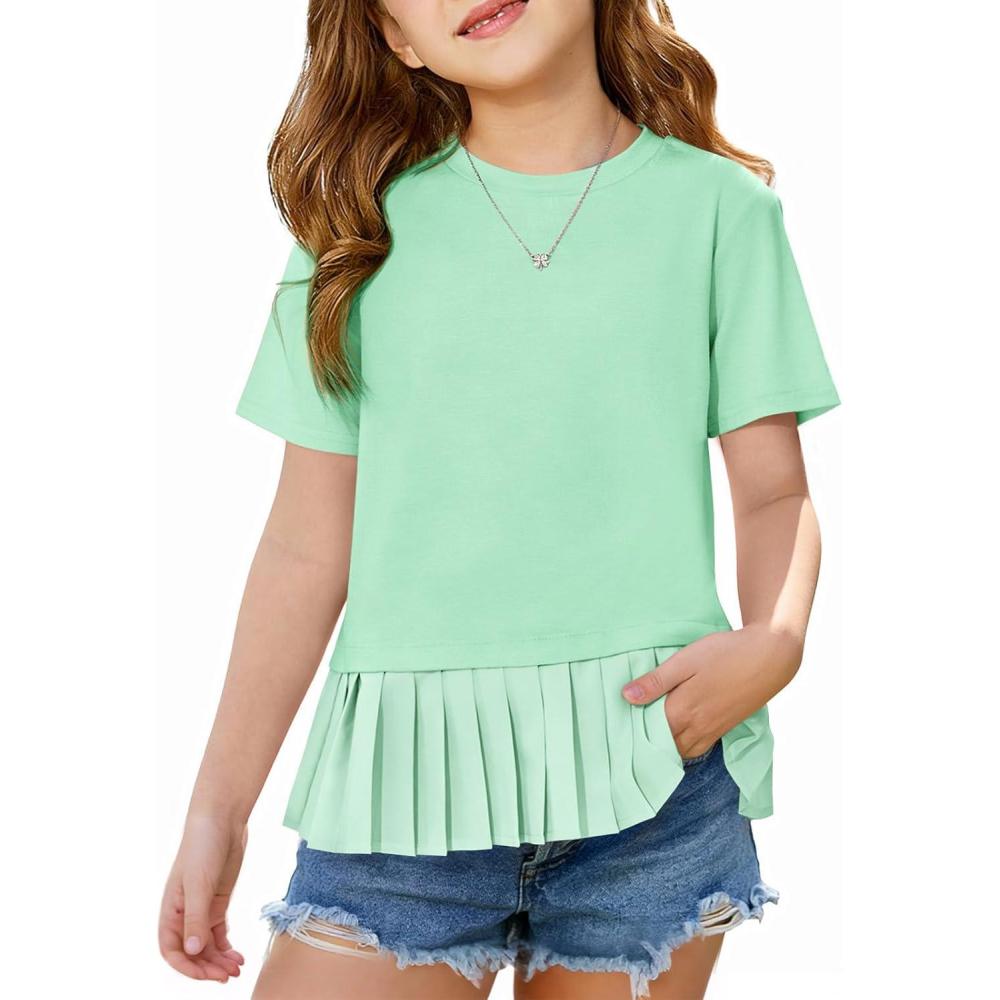 image:imageHaloumoning Girls Short Sleeve Shirts Kids Cute Pleated Hem TShirts Summer Fashion Tops Tees 514 YearsGreen