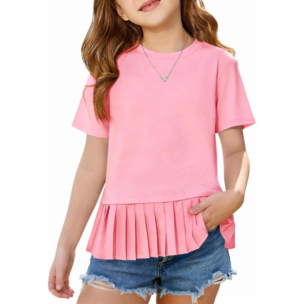 image:imageHaloumoning Girls Short Sleeve Shirts Kids Cute Pleated Hem TShirts Summer Fashion Tops Tees 514 YearsPink