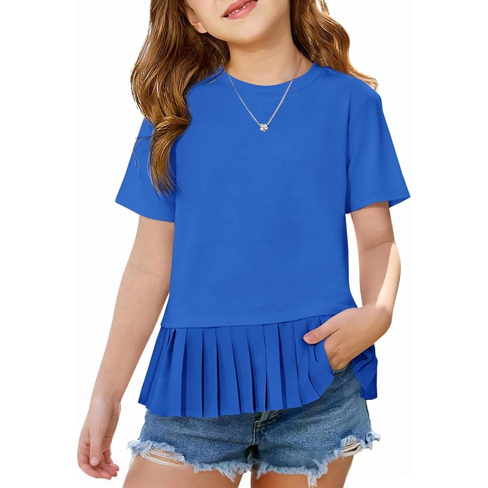 image:imageHaloumoning Girls Short Sleeve Shirts Kids Cute Pleated Hem TShirts Summer Fashion Tops Tees 514 YearsRoyal Blue