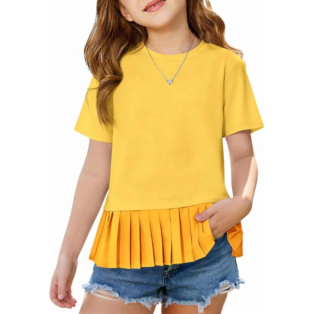 image:imageHaloumoning Girls Short Sleeve Shirts Kids Cute Pleated Hem TShirts Summer Fashion Tops Tees 514 YearsYellow