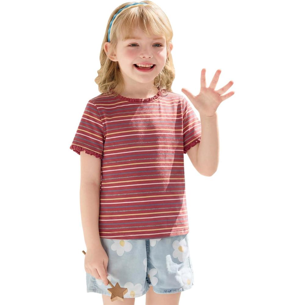 image:imageHaloumoning Toddler Baby Girls Striped Short Sleeve TShirts Kids Ribbed Knit Ruffle Trim Tops Tees Blouse 9M8YBrick Red
