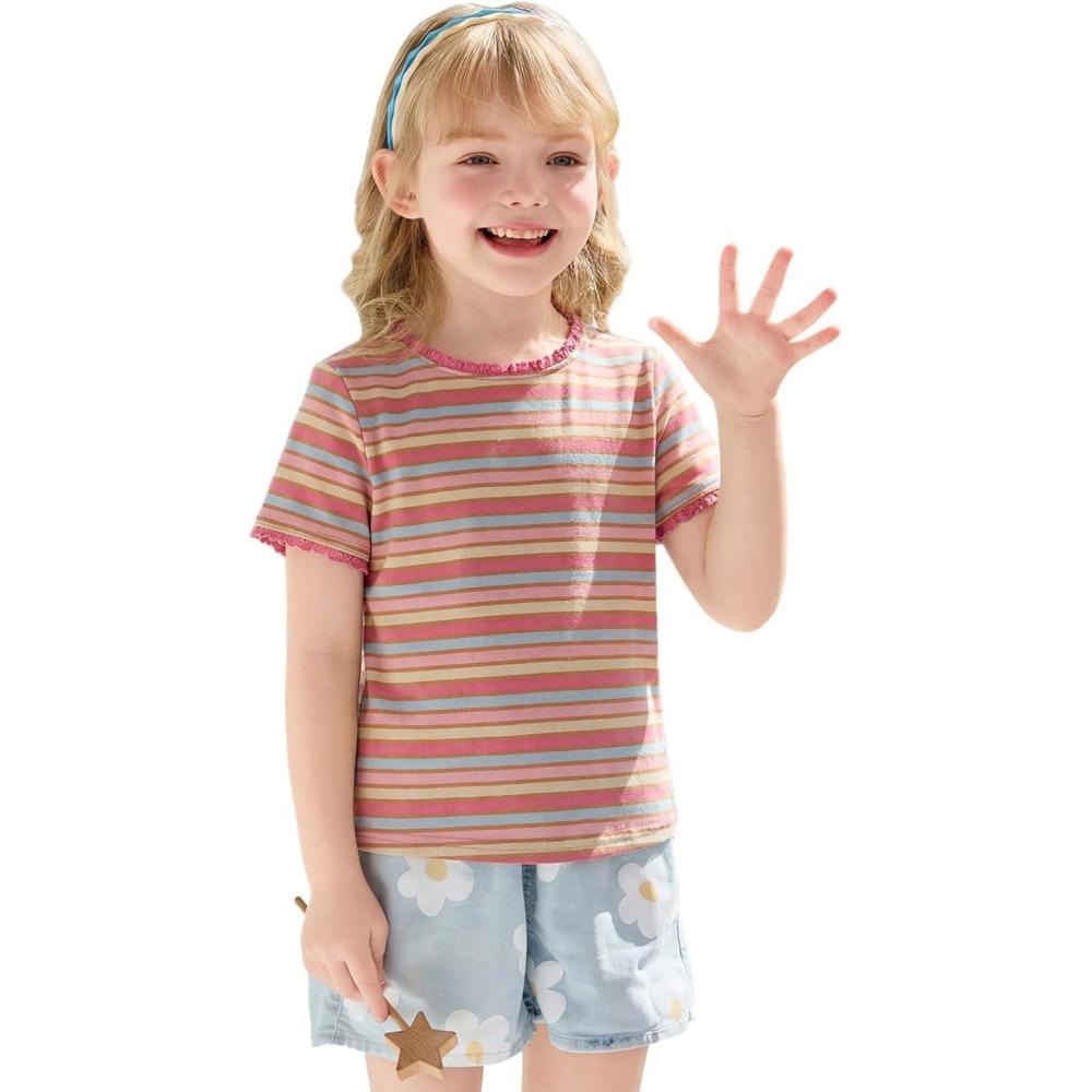 image:imageHaloumoning Toddler Baby Girls Striped Short Sleeve TShirts Kids Ribbed Knit Ruffle Trim Tops Tees Blouse 9M8YPink