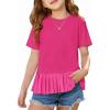 Haloumoning Girls Short Sleeve Shirts Kids Cute Pleated Hem T-Shirts Summer Fashion Tops Tees 5-14 Years(Hot Pink)