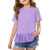 Haloumoning Girls Short Sleeve Shirts Kids Cute Pleated Hem T-Shirts Summer Fashion Tops Tees 5-14 Years(Light Purple)