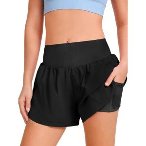 Haloumoning Girls Athletic Shorts Kids Qucik Dry High Waisted 2 in 1 Running Biker Shorts with Pockets 5-14 Years(Black)