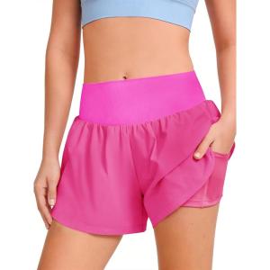 Haloumoning Girls Athletic Shorts Kids Qucik Dry High Waisted 2 in 1 Running Biker Shorts with Pockets 5-14 Years(Hot Pink)