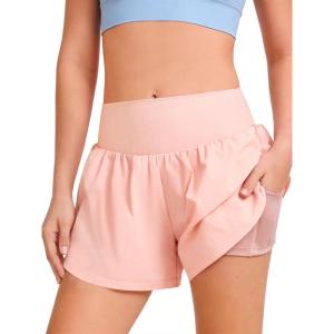 Haloumoning Girls Athletic Shorts Kids Qucik Dry High Waisted 2 in 1 Running Biker Shorts with Pockets 5-14 Years(Pink)