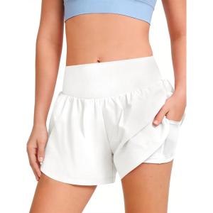 Haloumoning Girls Athletic Shorts Kids Qucik Dry High Waisted 2 in 1 Running Biker Shorts with Pockets 5-14 Years(White)