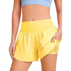 Haloumoning Girls Athletic Shorts Kids Qucik Dry High Waisted 2 in 1 Running Biker Shorts with Pockets 5-14 Years(Yellow)