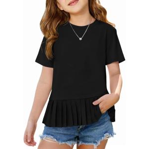 Haloumoning Girls Short Sleeve Shirts Kids Cute Pleated Hem T-Shirts Summer Fashion Tops Tees 5-14 Years(Black)