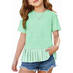 Haloumoning Girls Short Sleeve Shirts Kids Cute Pleated Hem T-Shirts Summer Fashion Tops Tees 5-14 Years(Green)