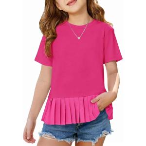 Haloumoning Girls Short Sleeve Shirts Kids Cute Pleated Hem T-Shirts Summer Fashion Tops Tees 5-14 Years(Hot Pink)