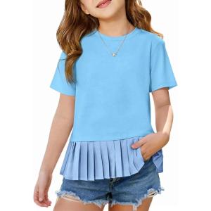 Haloumoning Girls Short Sleeve Shirts Kids Cute Pleated Hem T-Shirts Summer Fashion Tops Tees 5-14 Years(Sky Blue)