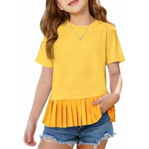 Haloumoning Girls Short Sleeve Shirts Kids Cute Pleated Hem T-Shirts Summer Fashion Tops Tees 5-14 Years(Yellow)