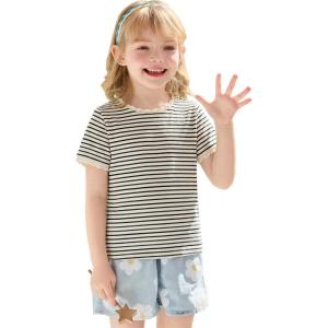 Haloumoning Toddler Baby Girls Striped Short Sleeve T-Shirts Kids Ribbed Knit Ruffle Trim Tops Tees Blouse 9M-8Y(Apricot)