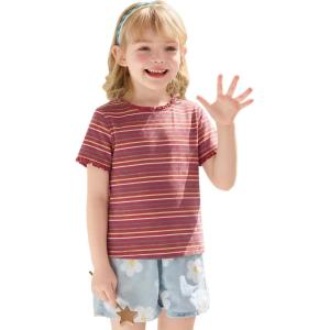 Haloumoning Toddler Baby Girls Striped Short Sleeve T-Shirts Kids Ribbed Knit Ruffle Trim Tops Tees Blouse 9M-8Y(Brick Red)