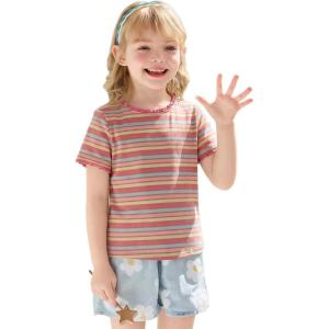 Haloumoning Toddler Baby Girls Striped Short Sleeve T-Shirts Kids Ribbed Knit Ruffle Trim Tops Tees Blouse 9M-8Y(Pink)