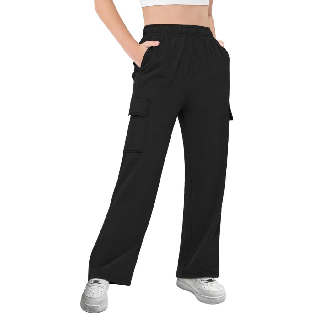 image:imageGirls Kids Cargo Sweatpants Wide Straight Leg Jogger Pants 514 YearsBlack