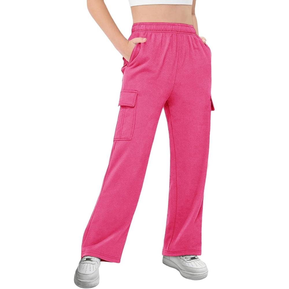image:imageGirls Kids Cargo Sweatpants Wide Straight Leg Jogger Pants 514 YearsRose Red