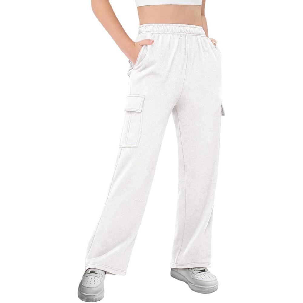 image:imageGirls Kids Cargo Sweatpants Wide Straight Leg Jogger Pants 514 YearsWhite