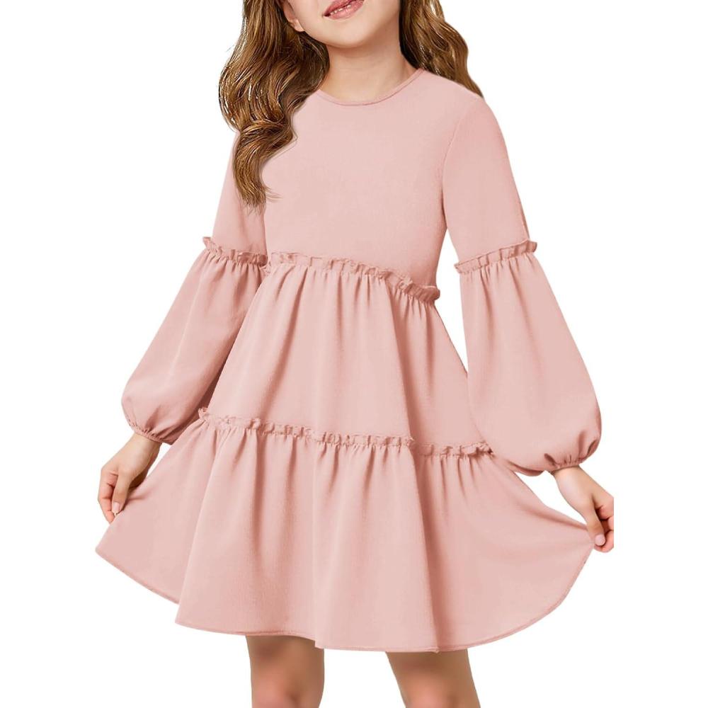 image:imageGirls Lantern Long Sleeve Dress Kids Flowy Tiered Ruffle Crewneck ALine Fall Dresses 514 YearsPink