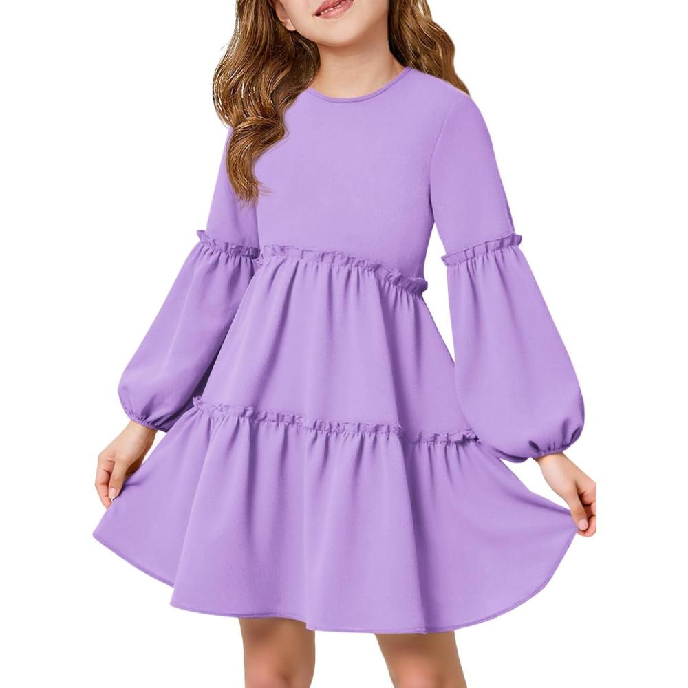 image:imageGirls Lantern Long Sleeve Dress Kids Flowy Tiered Ruffle Crewneck ALine Fall Dresses 514 YearsPurple
