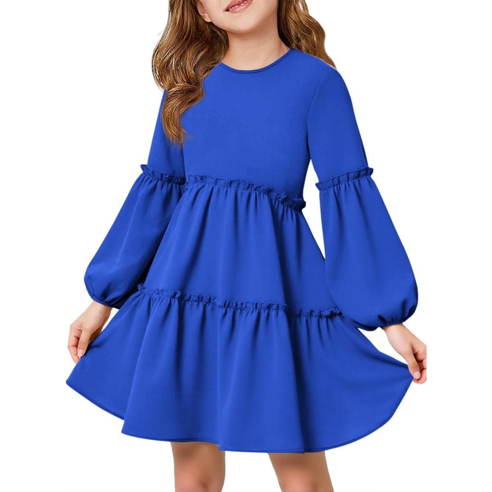 image:imageGirls Lantern Long Sleeve Dress Kids Flowy Tiered Ruffle Crewneck ALine Fall Dresses 514 YearsRoyal Blue