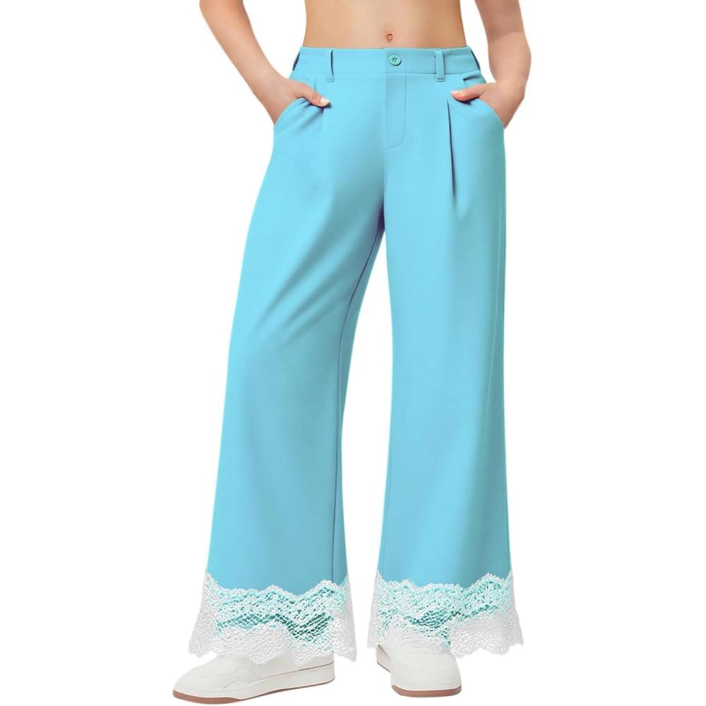 image:imageGirls Wide Leg Pants Kids Fashion Lace Hem Elastic Waist Uniform Pants Slacks with Pockets 514 YearsBlue