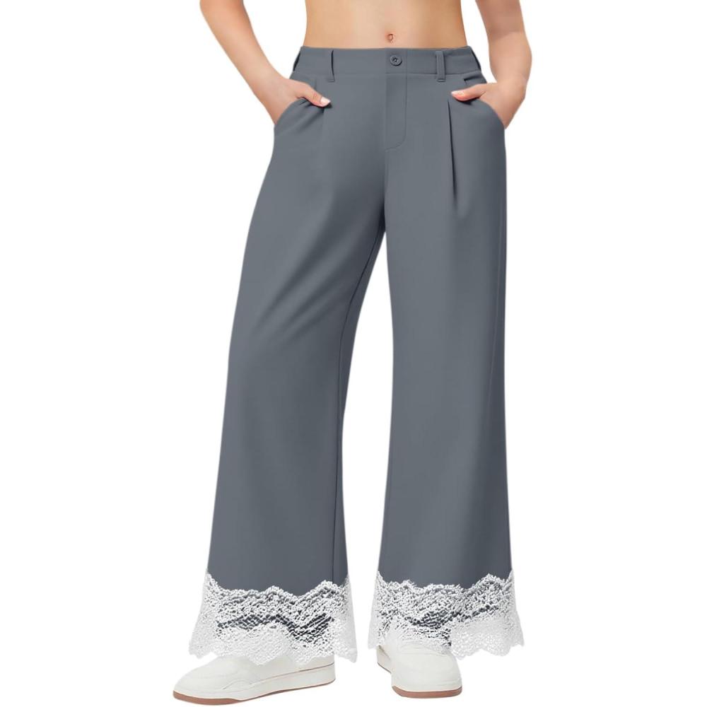 image:imageGirls Wide Leg Pants Kids Fashion Lace Hem Elastic Waist Uniform Pants Slacks with Pockets 514 YearsGrey
