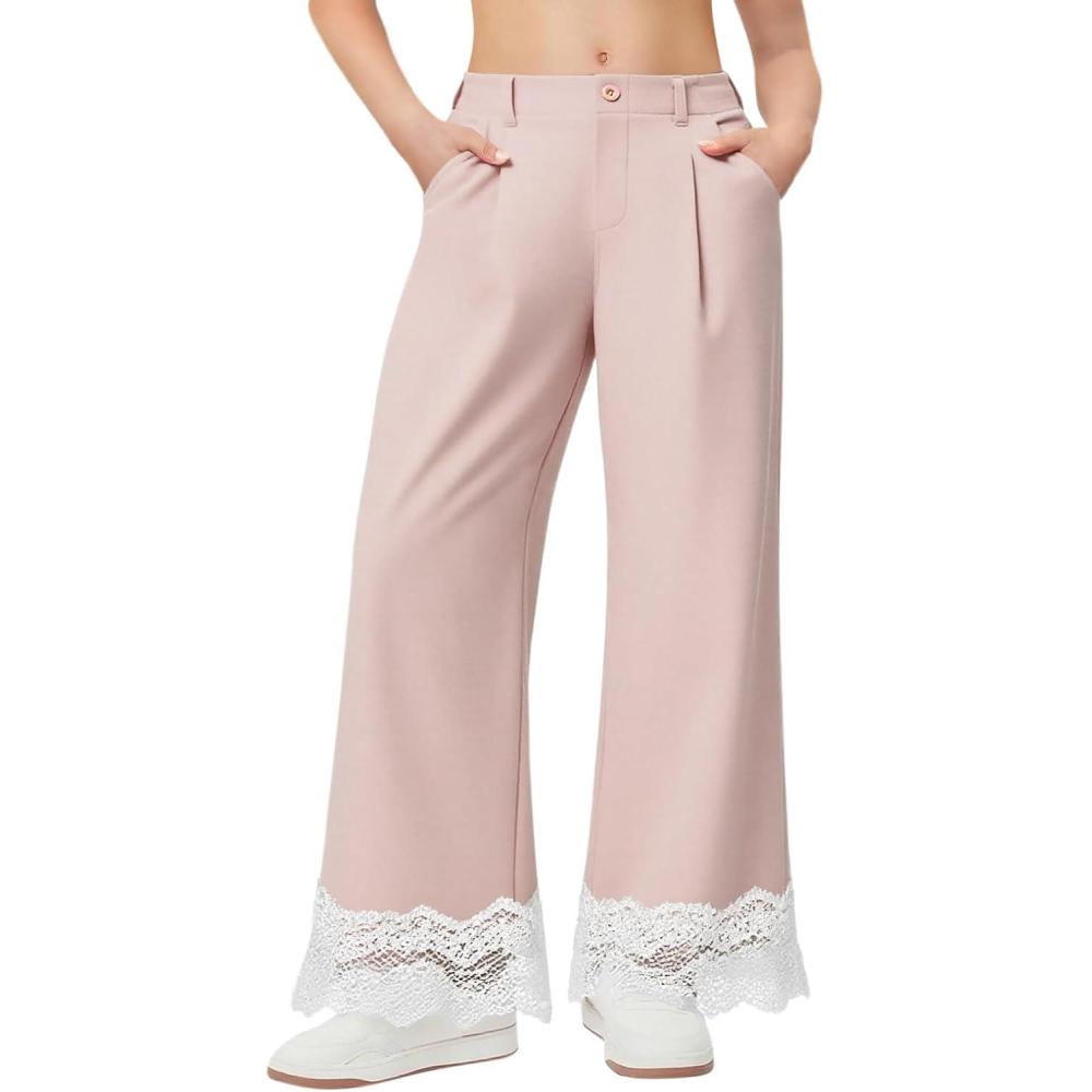 image:imageGirls Wide Leg Pants Kids Fashion Lace Hem Elastic Waist Uniform Pants Slacks with Pockets 514 YearsLight Pink