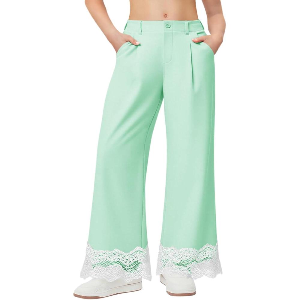 image:imageGirls Wide Leg Pants Kids Fashion Lace Hem Elastic Waist Uniform Pants Slacks with Pockets 514 YearsMint Green
