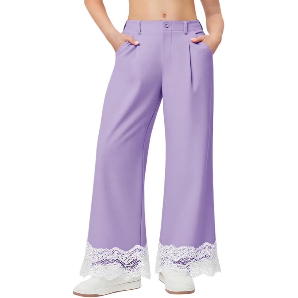 image:imageGirls Wide Leg Pants Kids Fashion Lace Hem Elastic Waist Uniform Pants Slacks with Pockets 514 YearsPurple
