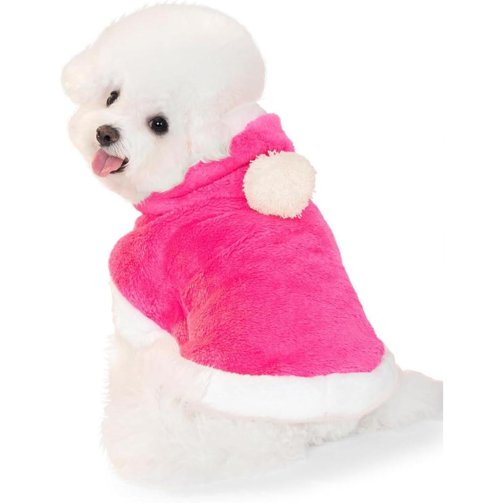image:imageHaloumoning Dog Fleece Hoodie Cute Pompom Hooded Sweatshirt Christmas Costume Holiday Outfit Pet Xmas Clothes for Small Medium DogsHot Pink