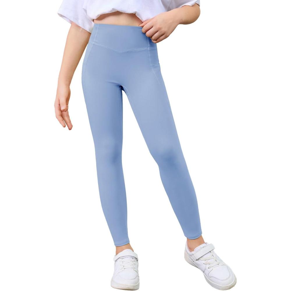 image:imageHaloumoning Girls Athletic Leggings with Pockets Kids High Waist Active Tights Dance Running Yoga Pants 514 YearsLight Blue