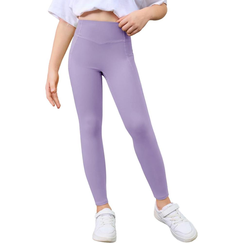 image:imageHaloumoning Girls Athletic Leggings with Pockets Kids High Waist Active Tights Dance Running Yoga Pants 514 YearsLight Purple