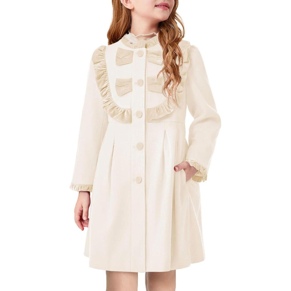 image:imageHaloumoning Girls Dress Coat Kids Ruffle Button Down Cute Bow Long Winter Jackets with Pockets 312 YearsBeige