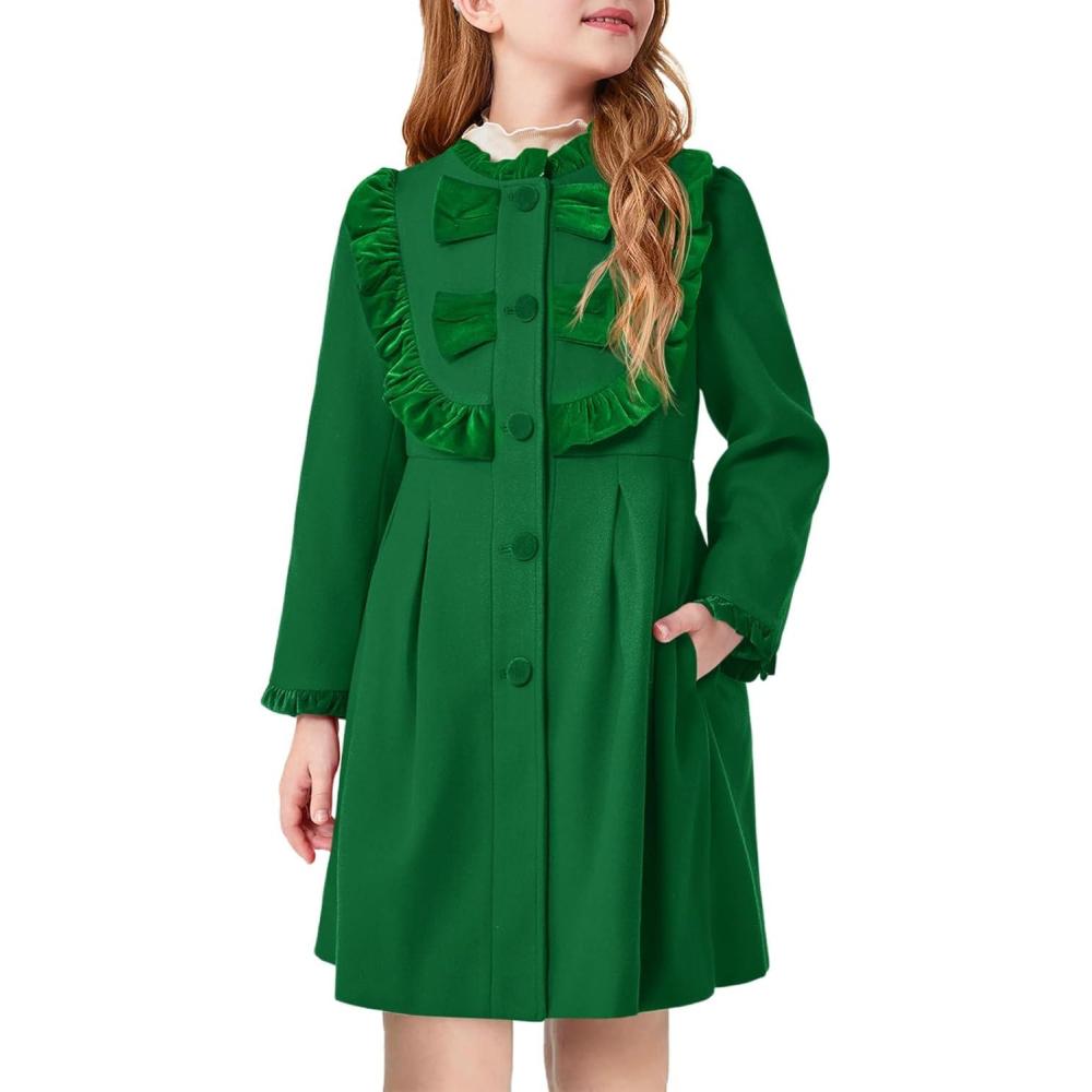 image:imageHaloumoning Girls Dress Coat Kids Ruffle Button Down Cute Bow Long Winter Jackets with Pockets 312 YearsGreen