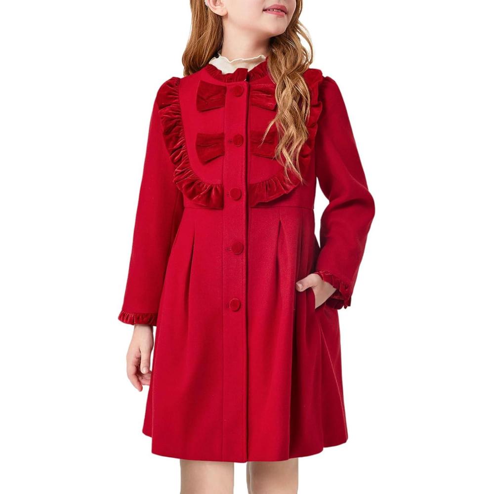 image:imageHaloumoning Girls Dress Coat Kids Ruffle Button Down Cute Bow Long Winter Jackets with Pockets 312 YearsRed