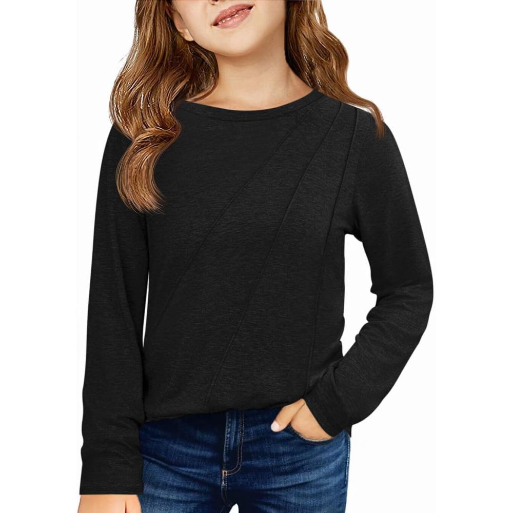 image:imageHaloumoning Girls Long Sleeve Shirts Pleated Casual Crewneck Fall Fashion Tops Basic Tees 514YBlack