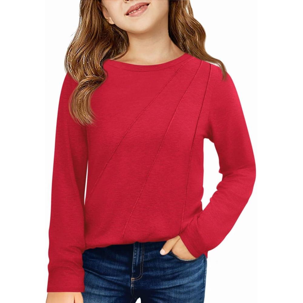 image:imageHaloumoning Girls Long Sleeve Shirts Pleated Casual Crewneck Fall Fashion Tops Basic Tees 514YBright Red