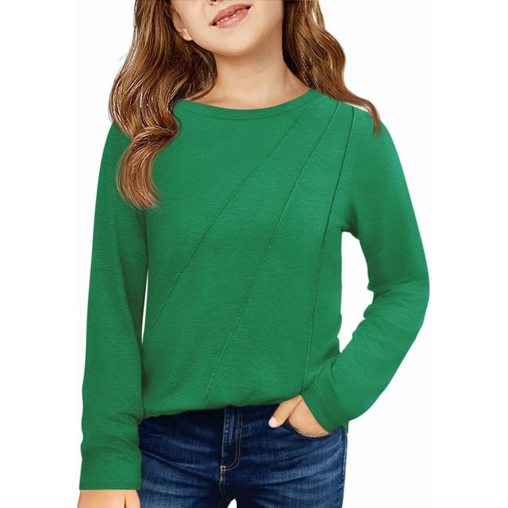 image:imageHaloumoning Girls Long Sleeve Shirts Pleated Casual Crewneck Fall Fashion Tops Basic Tees 514YGreen